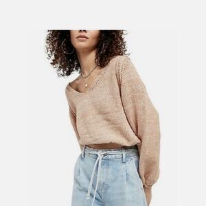Free People Beige Pink Sand Combo Textured Long Sleeve V Neck Sweate Size S